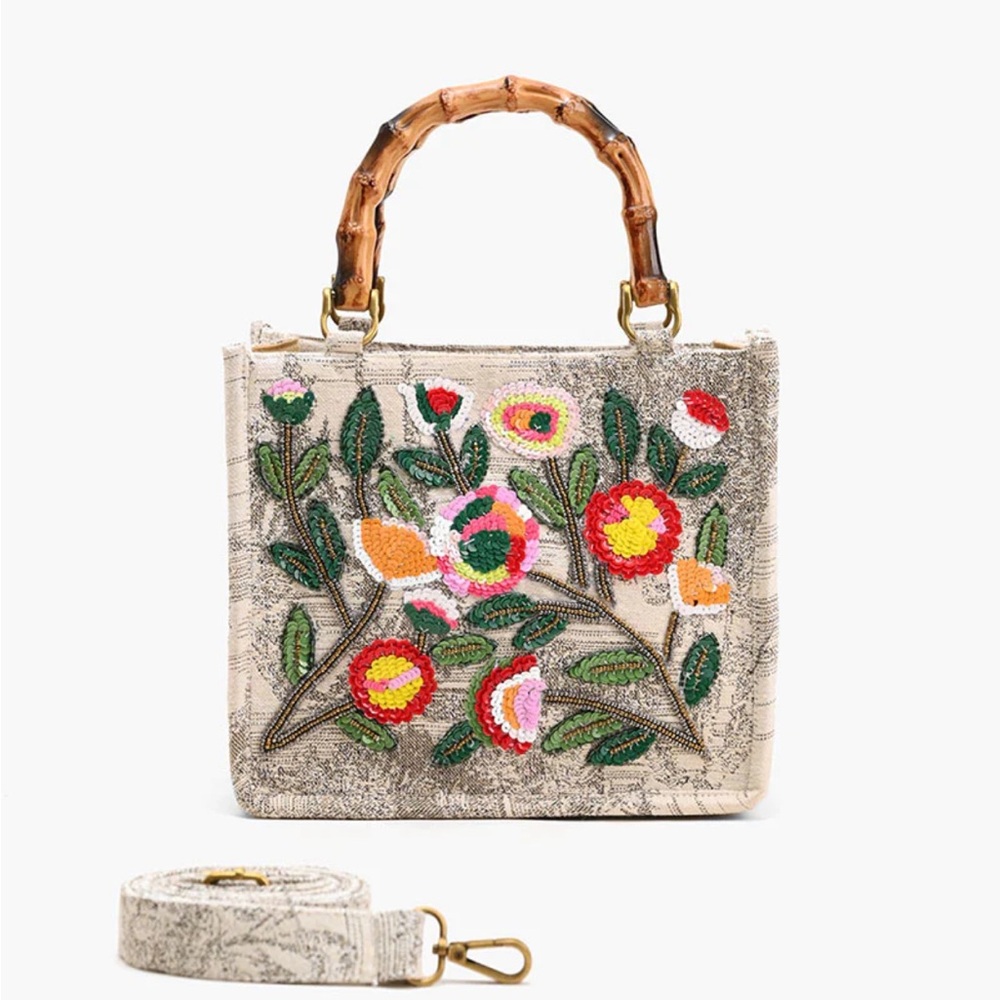 Embroidered Floral Canvas Satchel with Bamboo Handle - Cream